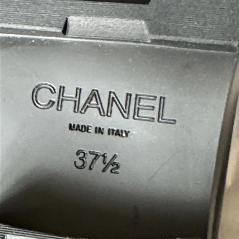 Chanel black shiny calf loafers moccasins chunky flats silver logo sz 37.5